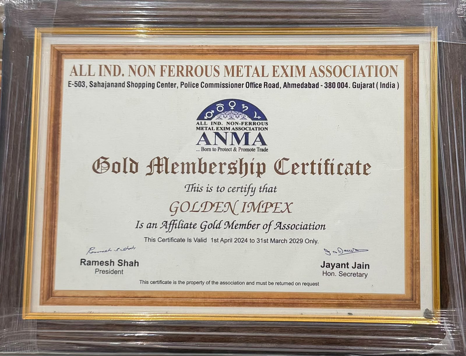 ANMA Gold Membership Certificate issued to Golden Impex