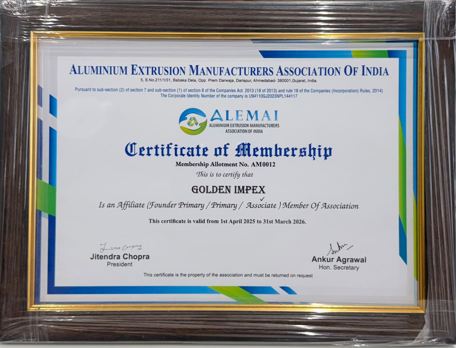 ALEMAI Certificate of Membership issued to Golden Impex