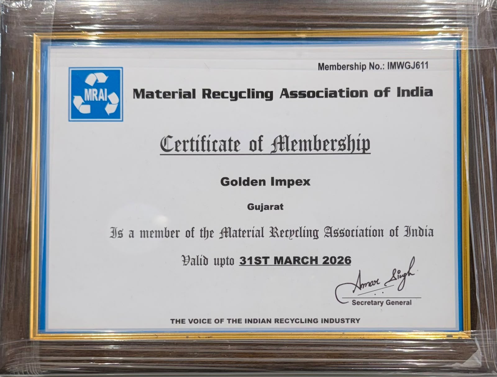 MRAI Certificate of Membership issued to Golden Impex