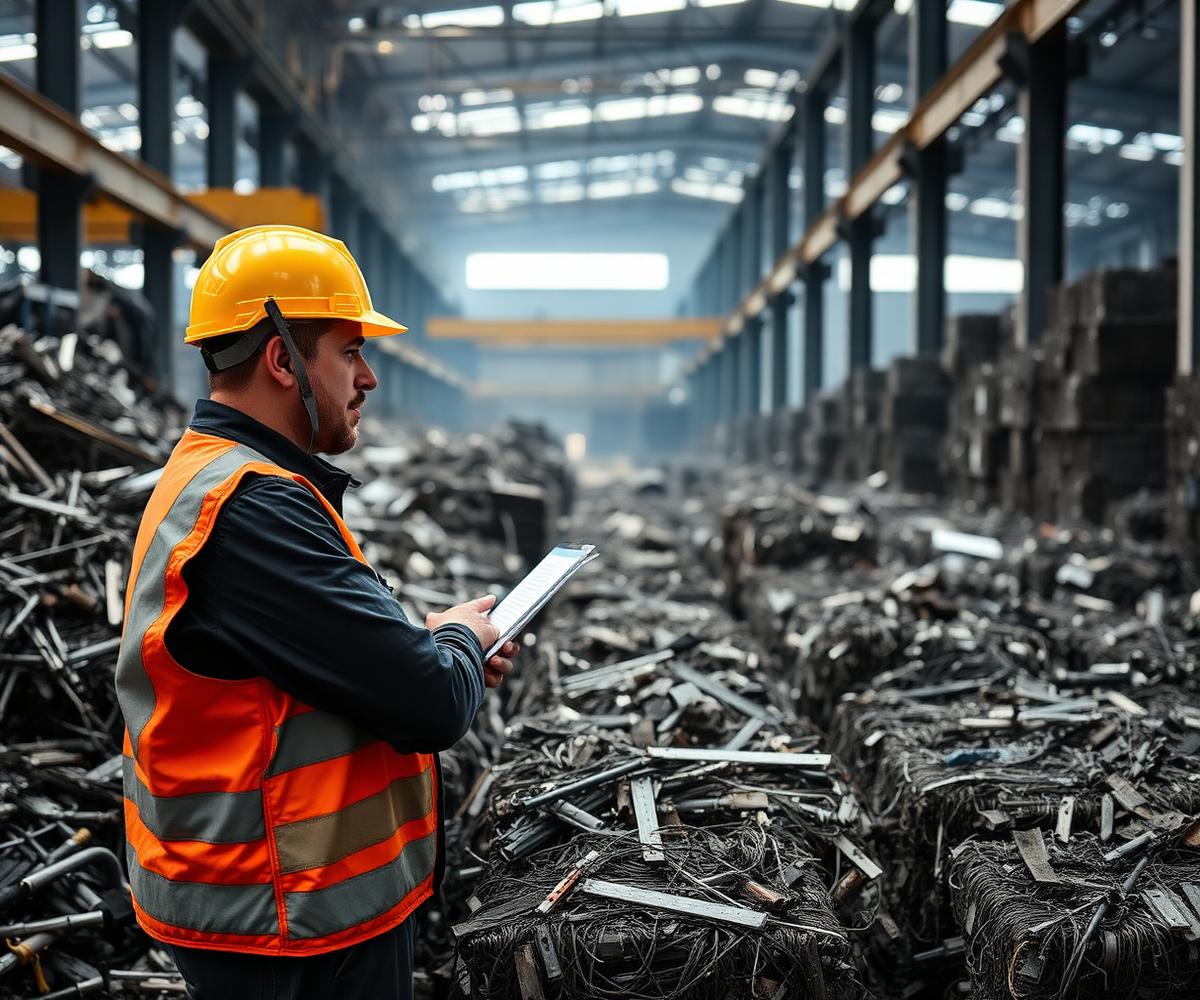 Golden Impex team member inspecting sorted metal scrap inside a recycling facility