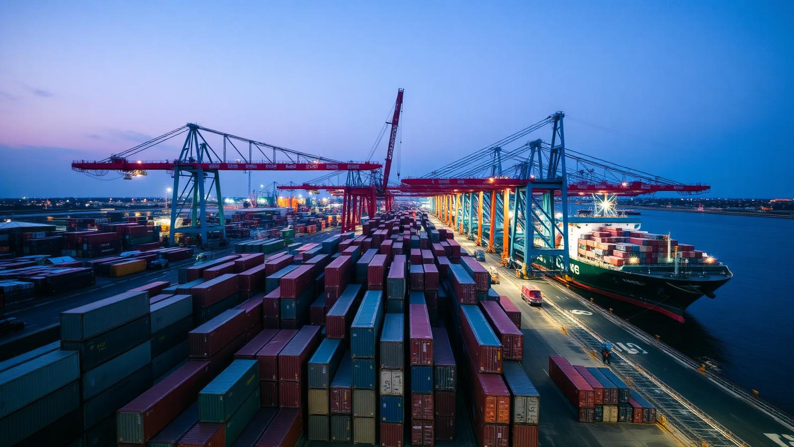 Container terminal at dusk with gantry cranes loading a cargo ship